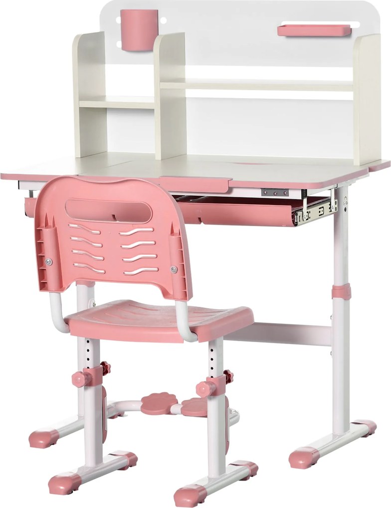 HOMCOM Gyermek Íróasztal és Szék Szett 3 Év Felett Állítható Magasságú Gyermeki Íróasztal Dönthető Asztallappal, Fiókkal és Polccal 80x52x88-109 cm és