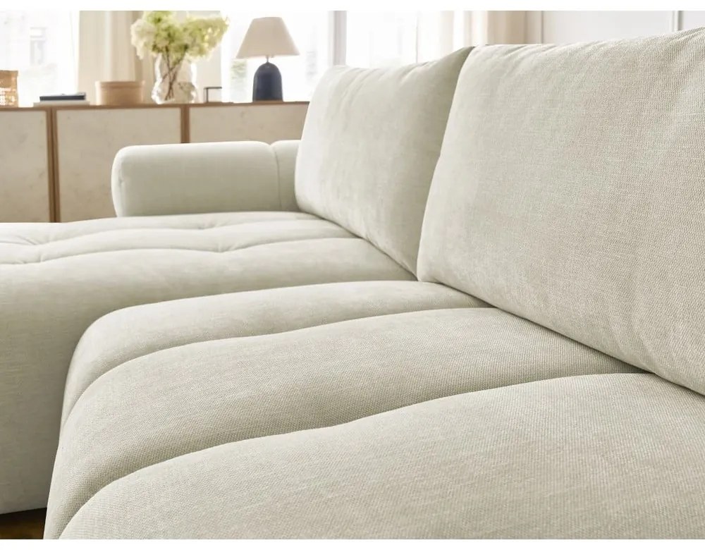 Bézs kinyitható-tárolóhelyes sarokkanapé (bal oldali-heverő résszel) Fuji – Bobochic Paris