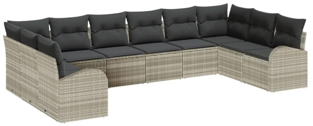 10 db-os kertiszófa szett párnákkal világosszürke poli rattan, 2 üléses kertiszófa tárolóval és párnákkal világosszürke poli rattan