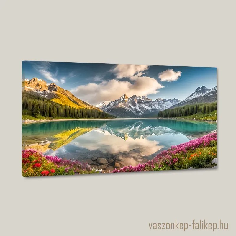 Tavasz a tónál, a hegyek ölelésében tájkép – prémium falikép 60x34 cm