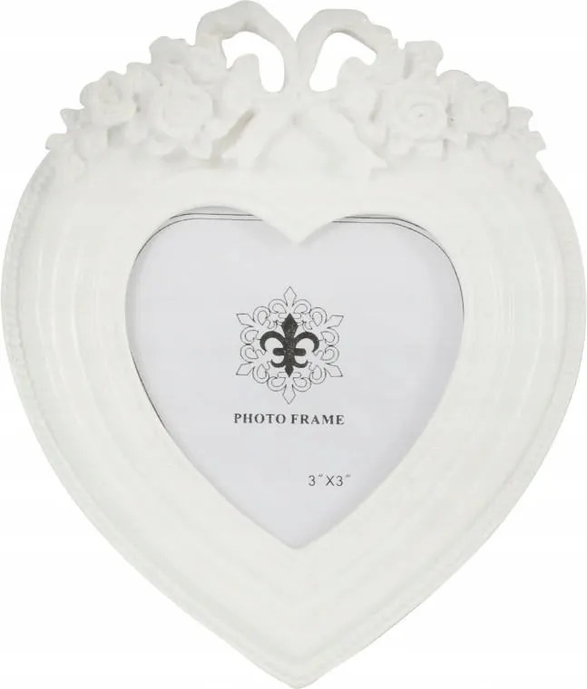 Fehér, szív alakú képkeret domború díszítéssel 13,5x11,5 cm