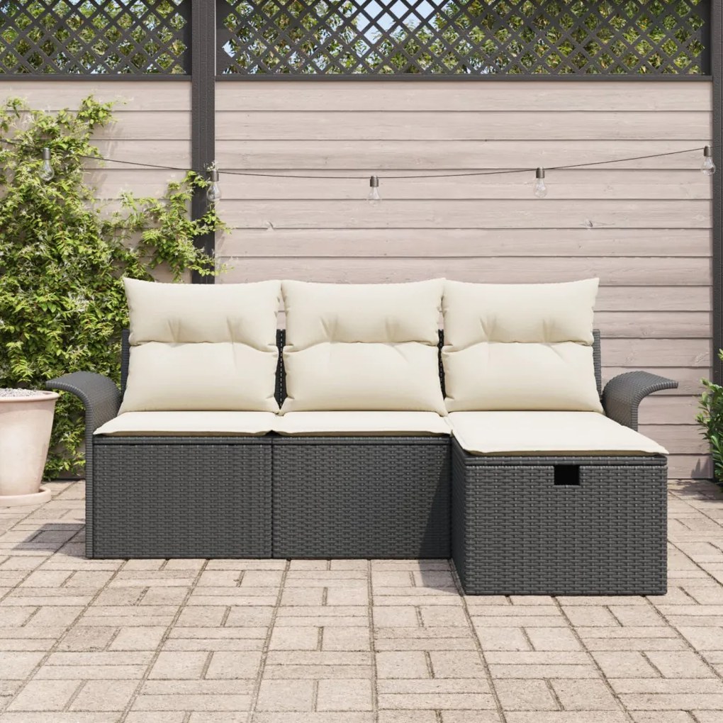 4 darabos Kerti Sofa Szett Párnákkal Fekete Poli Rattan