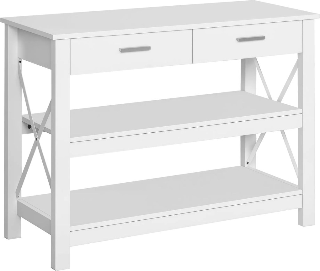 HOMCOM Konzolasztal Előszoba Asztal 2 Fiókkal és Alsó Polcokkal Modern Stílus Fém Keret 105x40x76 cm Fehér | Aosom