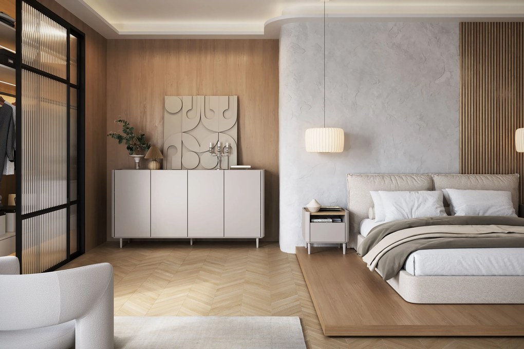 Elivo komód 200 cm négyajtós lábakon - kasmír / olajozott tölgy