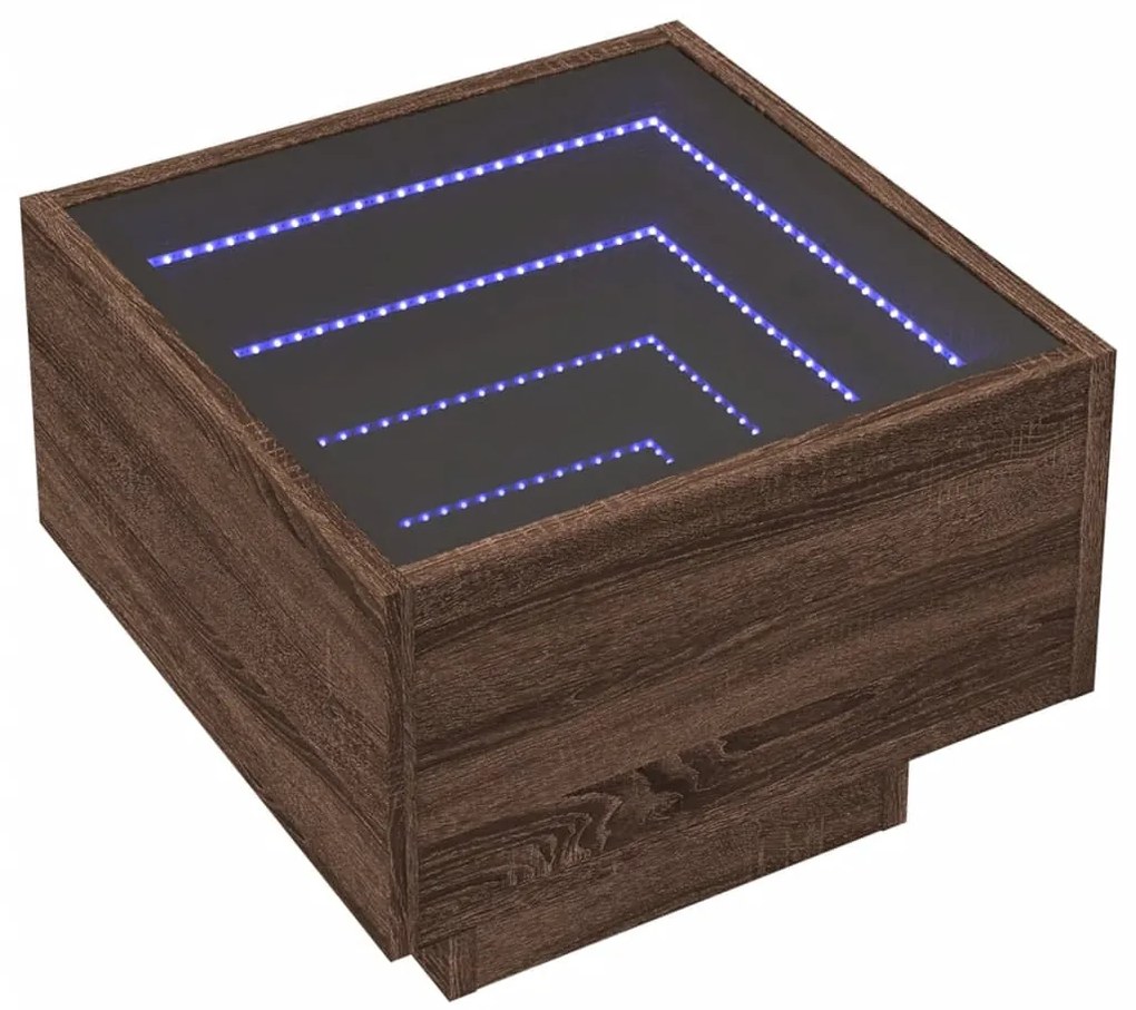 Barna tölgy színű szerelt fa kisasztal LED-del 40 x 40 x 30 cm