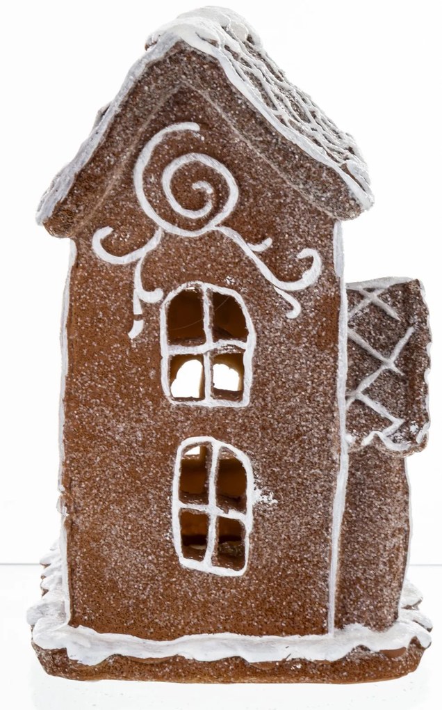 LED-es karácsonyi barna grillázs lámpás házikó ünnepi fenyőfás díszítéssel asztali dekoráció 20,5x14x12,5cm
