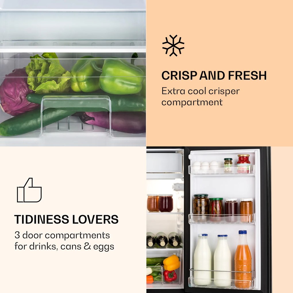 Klarstein Luminance Frost, hűtőszekrény, 91 liter, E energiahatékonysági osztály, zöldség rekesz, 2 üvegpolc, fekete