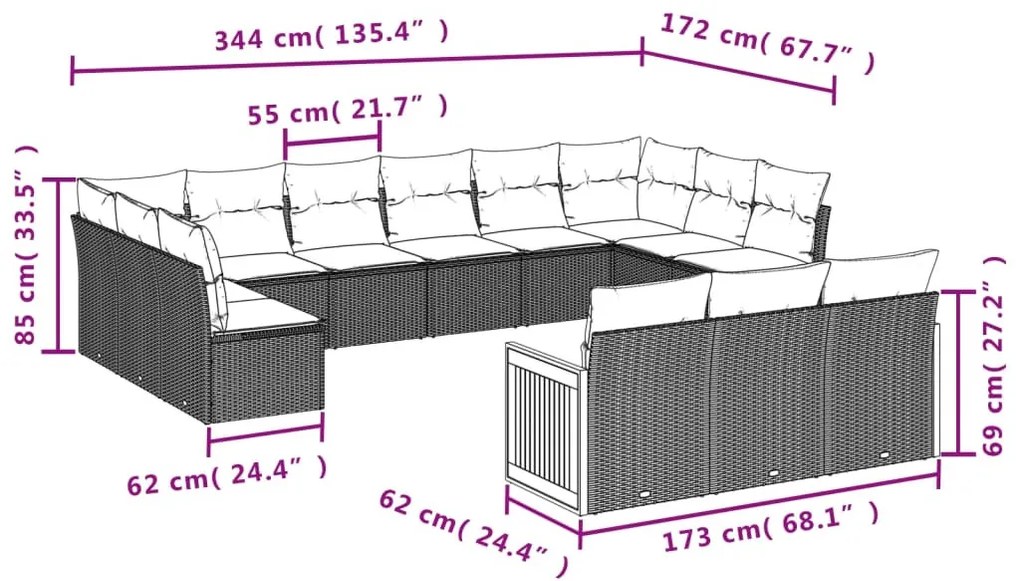 13 részes fekete polyrattan kerti ülőgarnitúra párnákkal