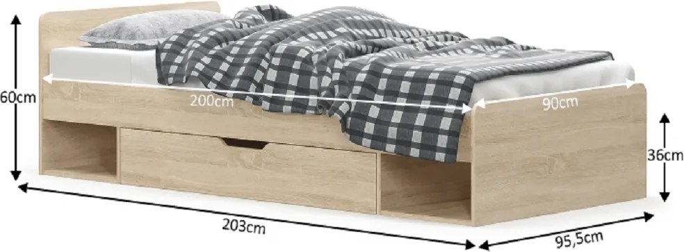 Egyszemélyes ágy 1S/90, sonoma tölgyfa, TEYO