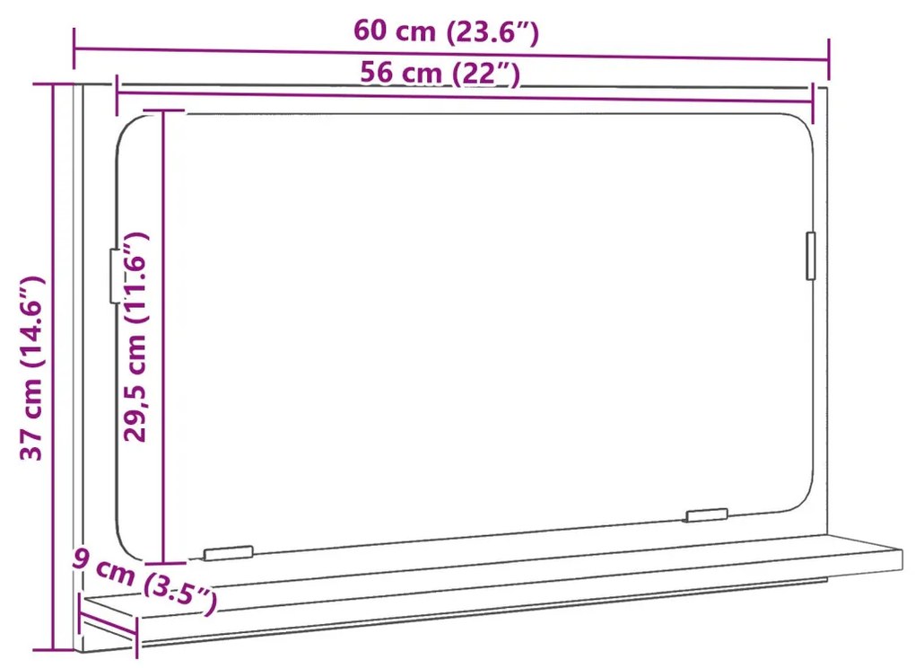 Fekete tölgy fürdőszoba tükör 60x10,5x37 cm Műanyag