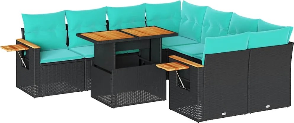 vidaXL 9 részes fekete polyrattan kerti ülőgarnitúra párnákkal