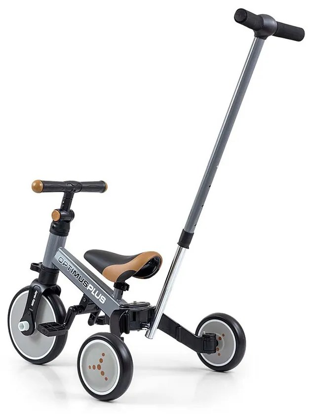 Gyerek háromkerekű bicikli 4az1-ben Milly Mally Optimus Plus tolókarral grey