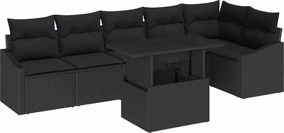 vidaXL Kerti Kanapé Szett 7 pcs Fekete polirattan & Porszórt acél
