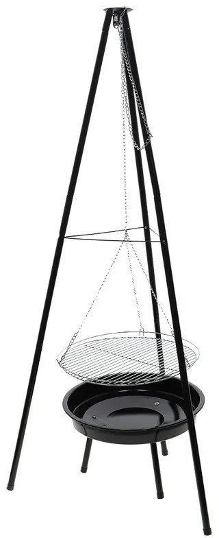 BBQ tűzrakó tál, állítható magasságú grillráccsal, három lábú állvánnyal, 157 cm