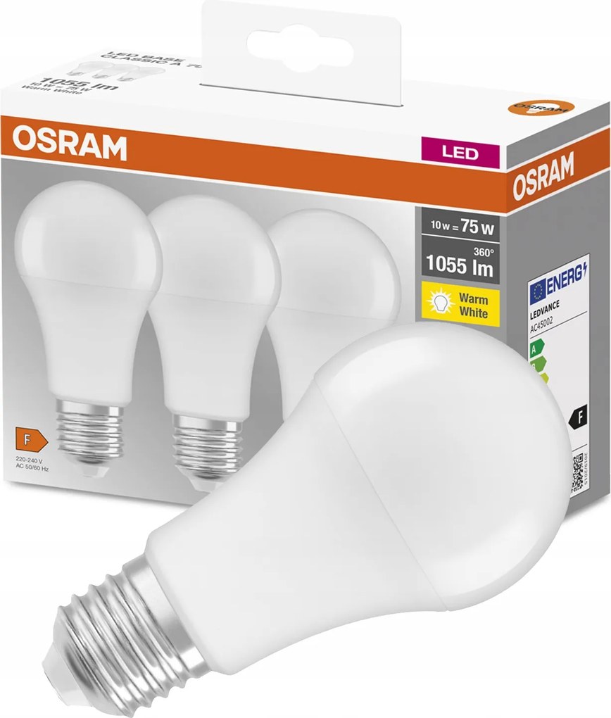 3PAK Led izzó E27 A60 10W 75W 1055lm 2700K Meleg 200° Osram