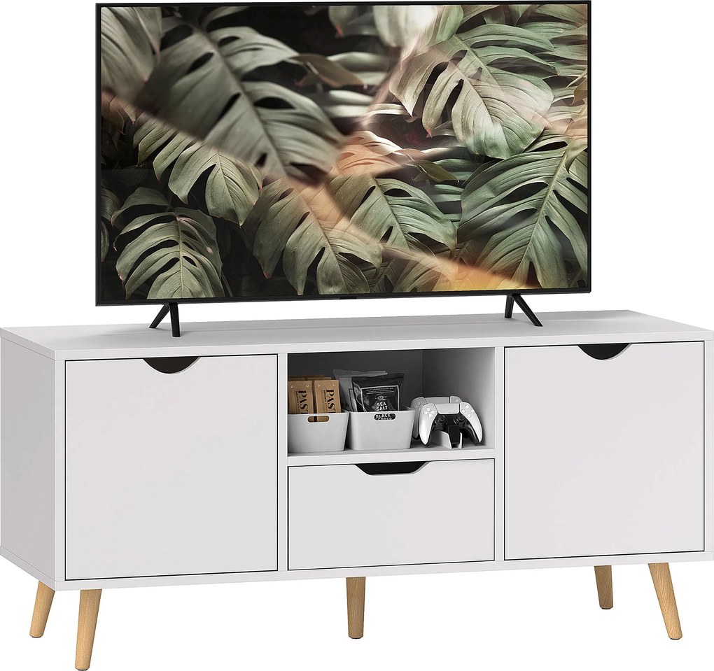 HOMCOM Modern TV Állvány 50"-ig Fiókkal, Nyitott Polccal és 2 Szekrénnyel, 5 Fenyőfa Lábbal, 110x40x50 cm, Fehér | Aosom