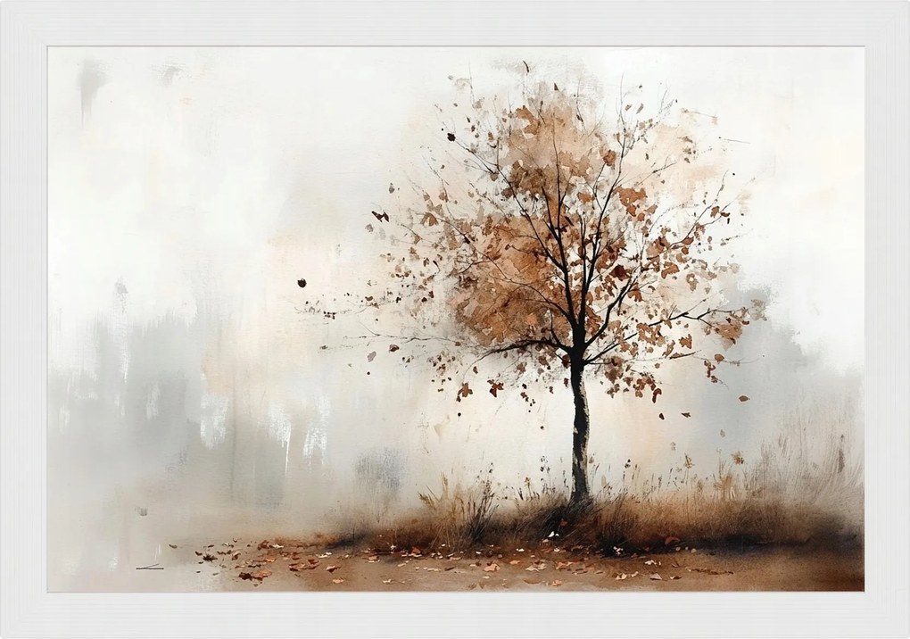 Poszter Keret Fa Akvarell Természet Tájkép Ősz Fa Köd 60x40