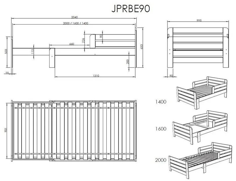 Fehér bővíthető borovi fenyő ágyneműtartós gyerekágy matraccal-ágyráccsal Jumper – Vipack