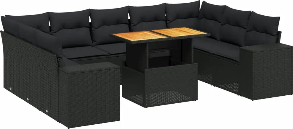 vidaXL 10 részes fekete polyrattan kerti ülőgarnitúra párnákkal