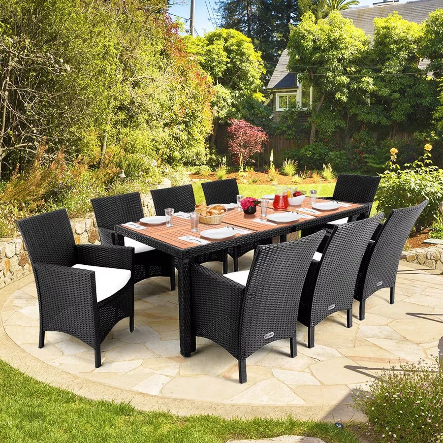 Casaria® Kerti rattan garnitúra Berlin 1+8 - fekete/fa