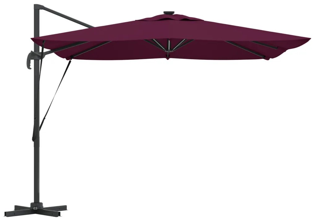 Cantilever Roma napernyő LED világítással, Bordeaux vörös, 286 x 285 x 270 cm alumínium.