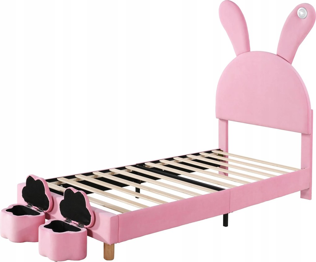 90x200 LED-es kárpitozott ágy két tároló paddal rózsaszín