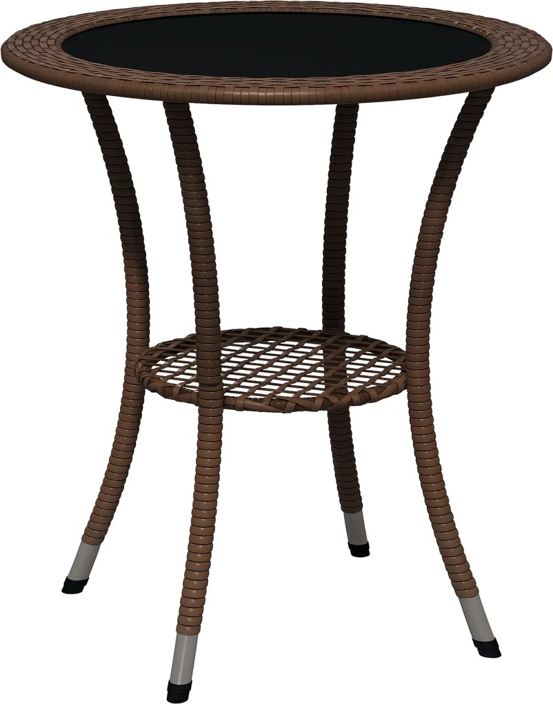 Outsunny Kerek Rattan Asztal Ø64x71 cm Kerti Asztal Polccal Acél Váz és Üveg Felület 50 kg Teraszon Pavilonban Barna | Aosom