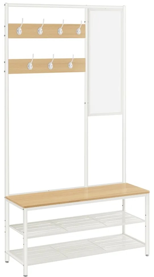 Előszoba fogas, cipőtároló paddal, tükörrel, tölgy és fehér 98×35×180cm