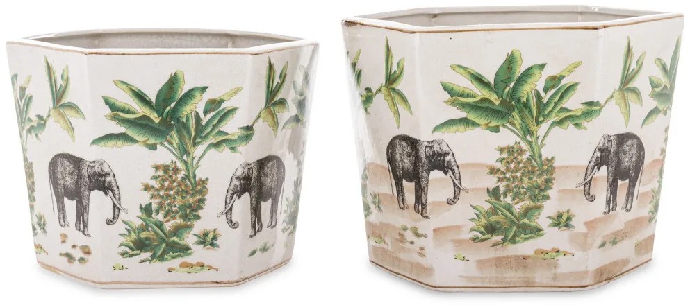 Törtfehér vintage szögletes porcelán 2db-os virágtartó kaspó szett elefántokkal festve 18x24,5x21,5 / 20x26,5x23,5cm