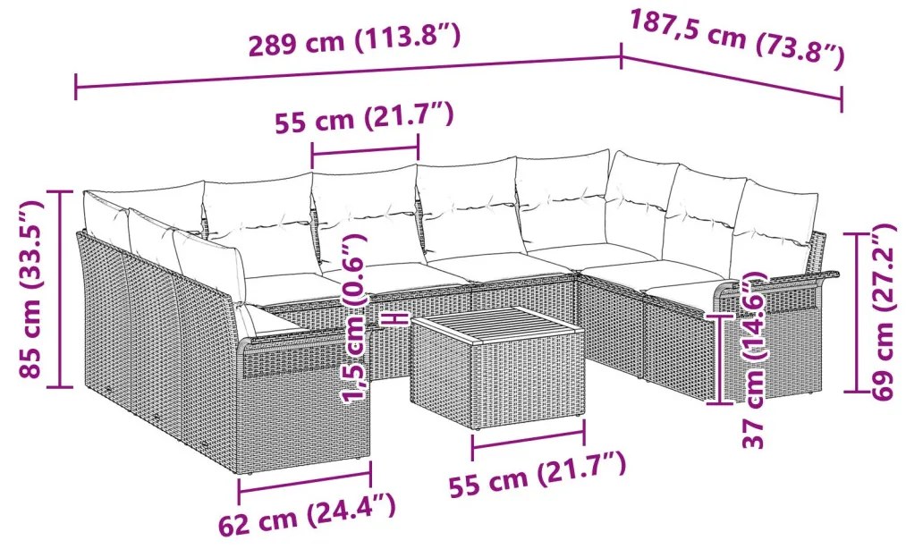 10 Részes Kert Sofa Szett Párnákkal Bézs Poli Rattan Akác