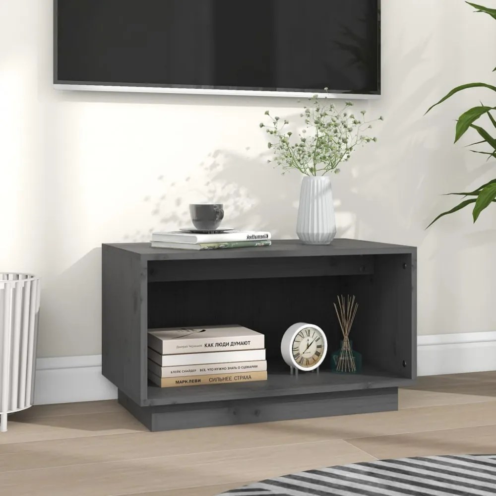szürke tömör fenyőfa TV-szekrény 60x35x35 cm