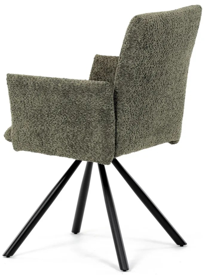 Scaun de sufragerie pivotant / Fotoliu de sufragerie, țesătură vintage verde, picioare din metal negru, mecanism de rotire 90°/90° (stânga/dreapta) - funcție de resetare