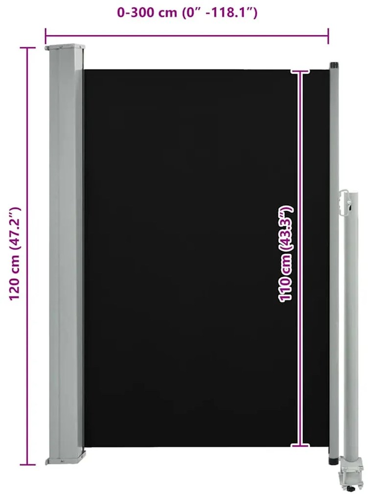 fekete behúzható oldalsó terasz napellenző 120 x 300 cm