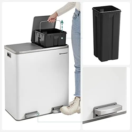 SONGMICS dupla szemetes, fém szelektív hulladékgyűjtő 15 szemeteszsákkal, 2 × 30 L, fehér–szürke