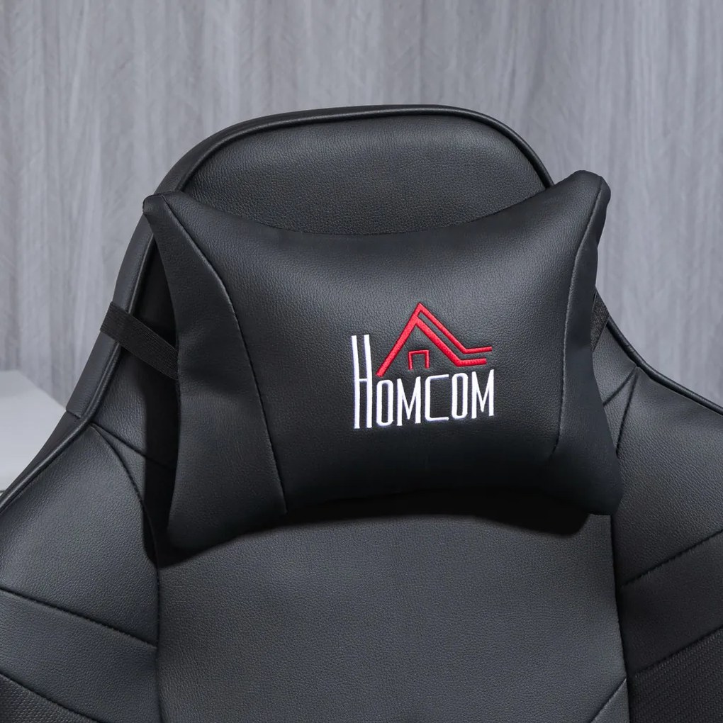 HOMCOM Prémium Gamer Szék, masszázs funkció, dönthető háttámla, lábtartó, acél keret, műbőr, fekete