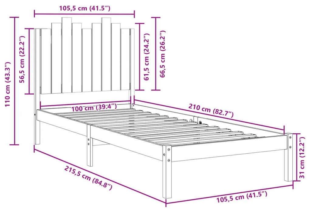 tömör fa extra hosszú ágykeret matrac nélkül 100 x 210 cm