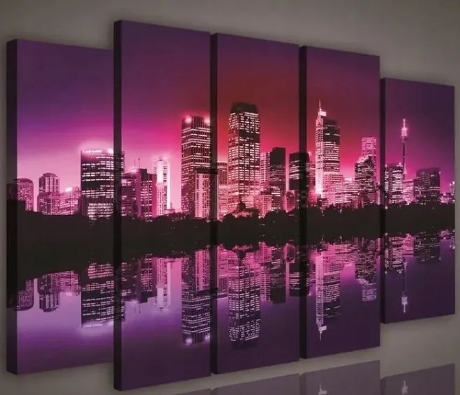 Vászonkép 150x100 Éjszakai város városi táj felhőkarcolók tükröződés rózsaszín