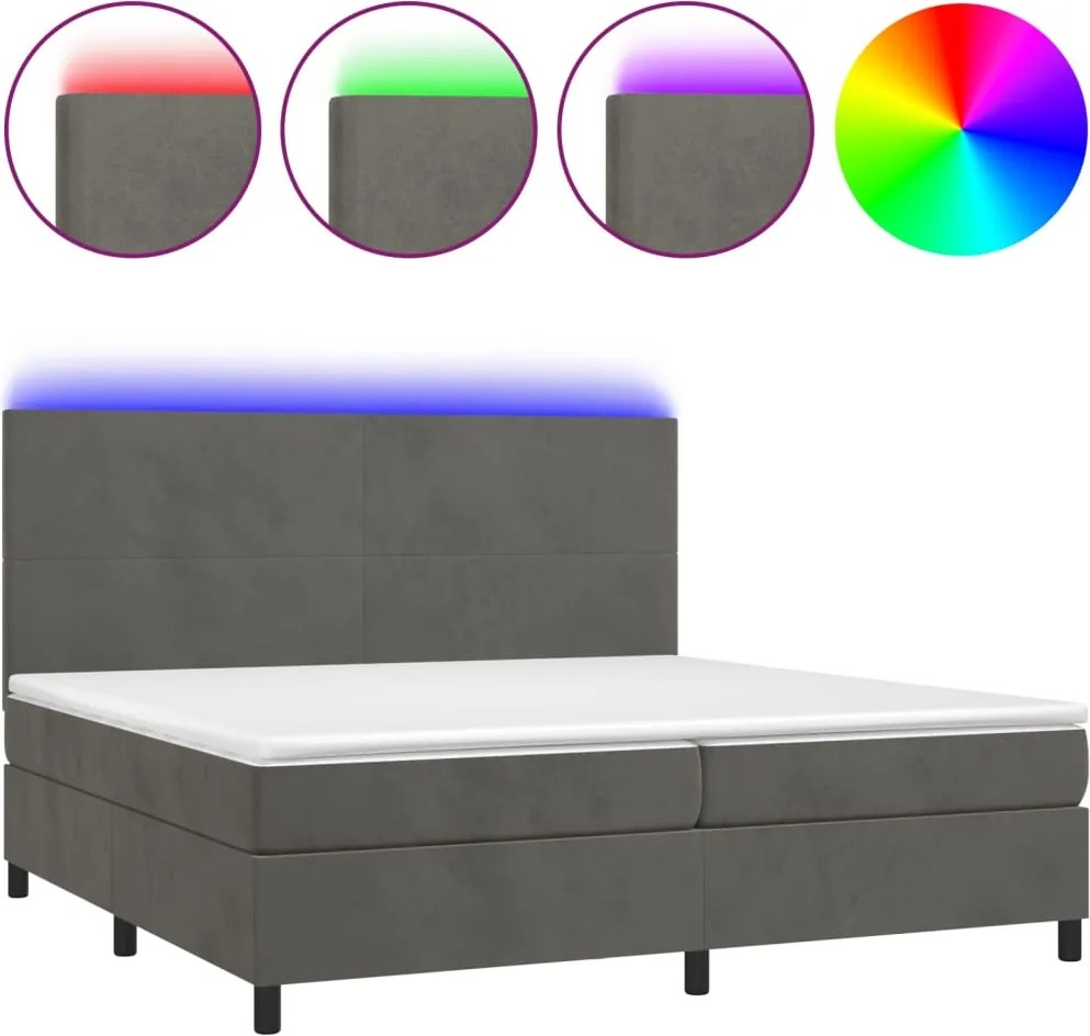 vidaXL sötétszürke bársony rugós és LED-es ágy matraccal 200x200 cm