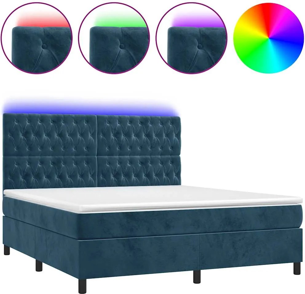 vidaXL sötétkék bársony rugós és LED-es ágy matraccal 160x200 cm