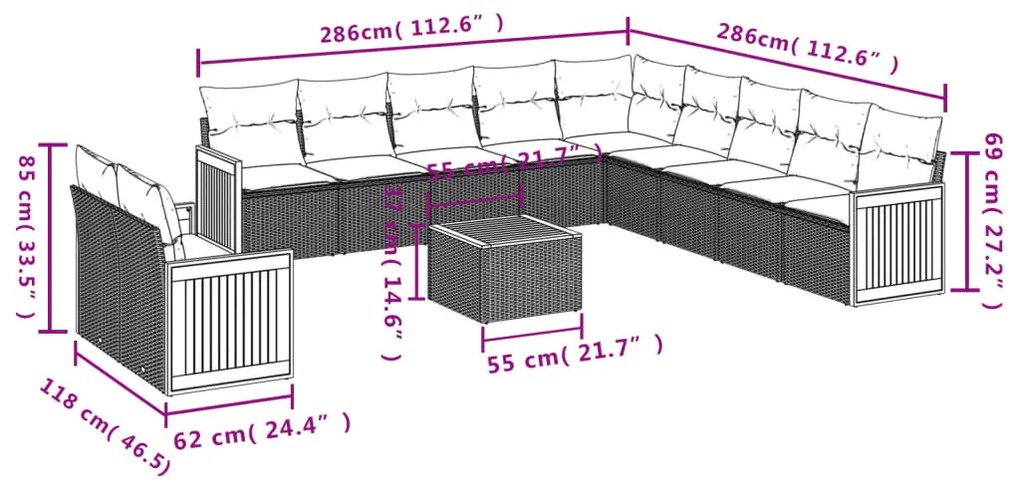 12 részes szürke polyrattan kerti ülőgarnitúra párnákkal