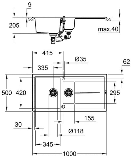 GROHE 31642AP0 - K400 konyhai mosogató 1000 × 500 mm gránit/fekete