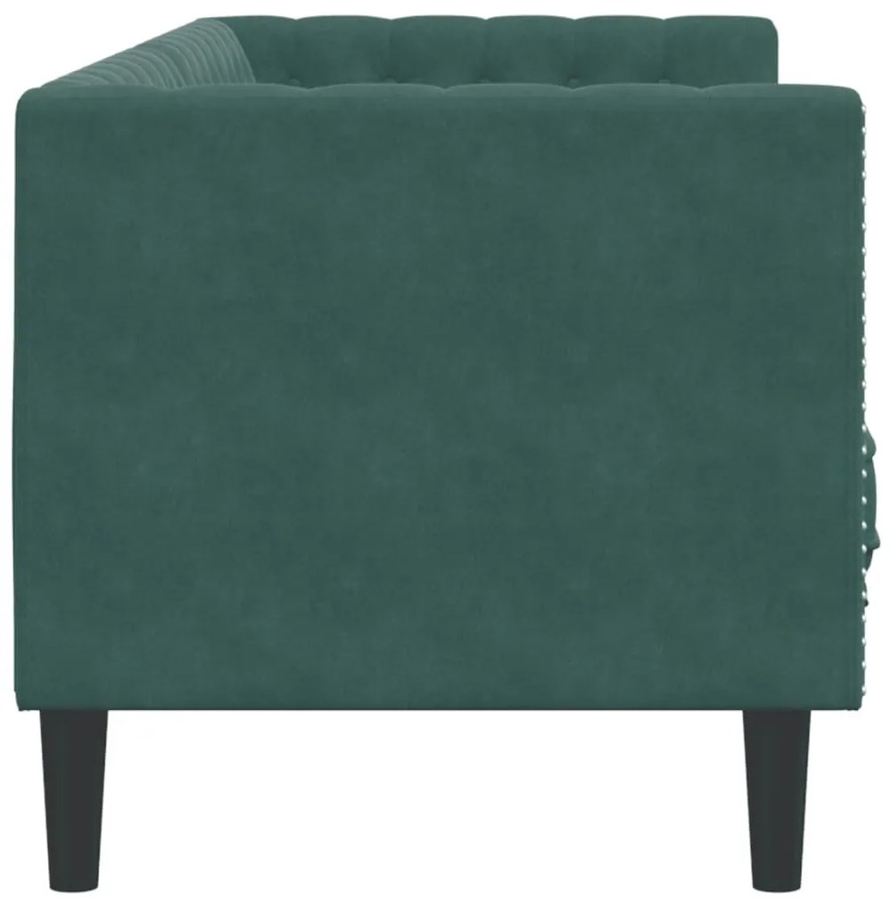 3 személyes sötétzöld bársony Chesterfield kanapé párnákkal