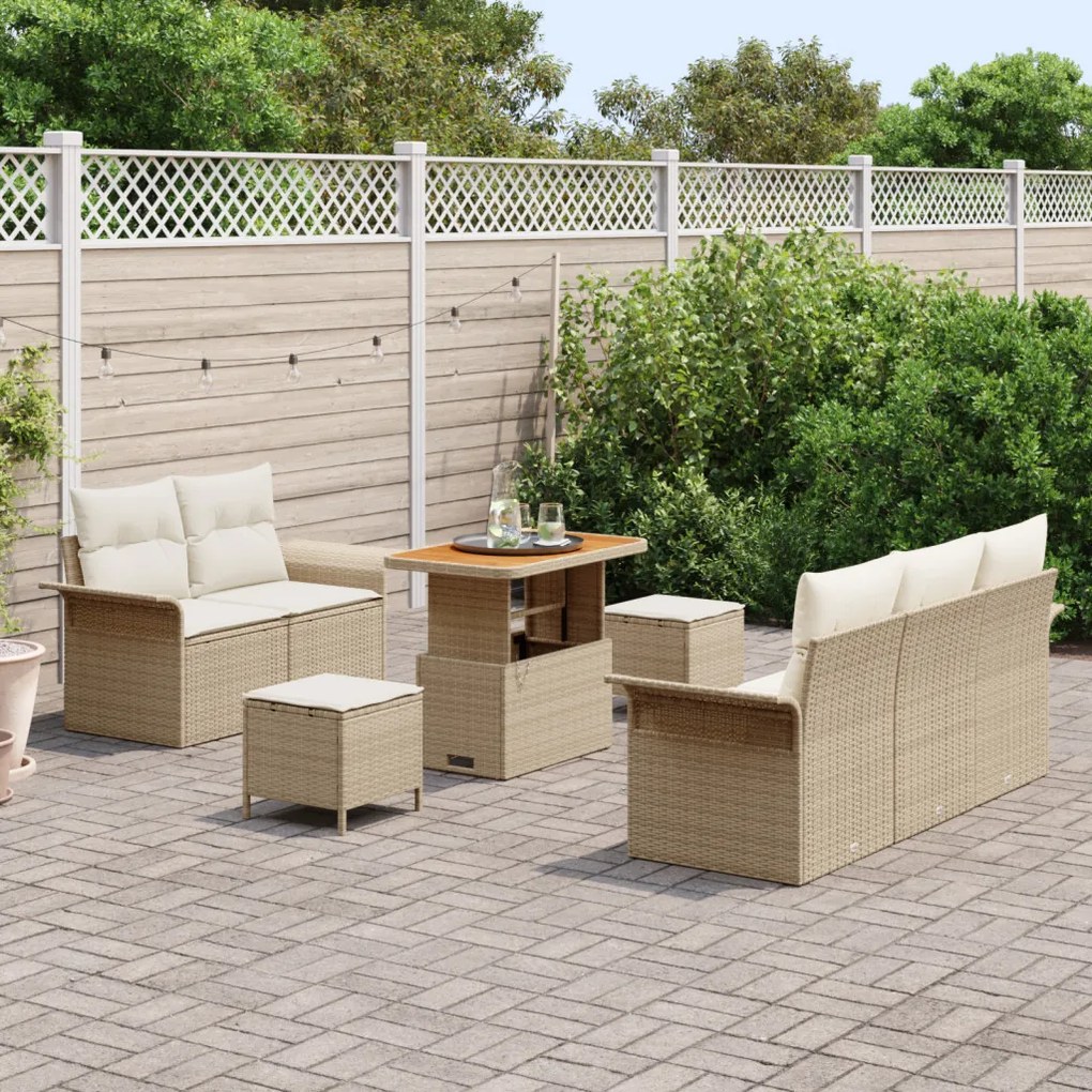 8 Részes Kerti Kanapészett Párnákkal Bézs Poly Rattan Akác, 2-Fős Kerti Kanapé Párnákkal Bézs Poly Rattan, 3 Részes Kerti Étkezőszett Párnákkal Bézs Poly Rattan Akác