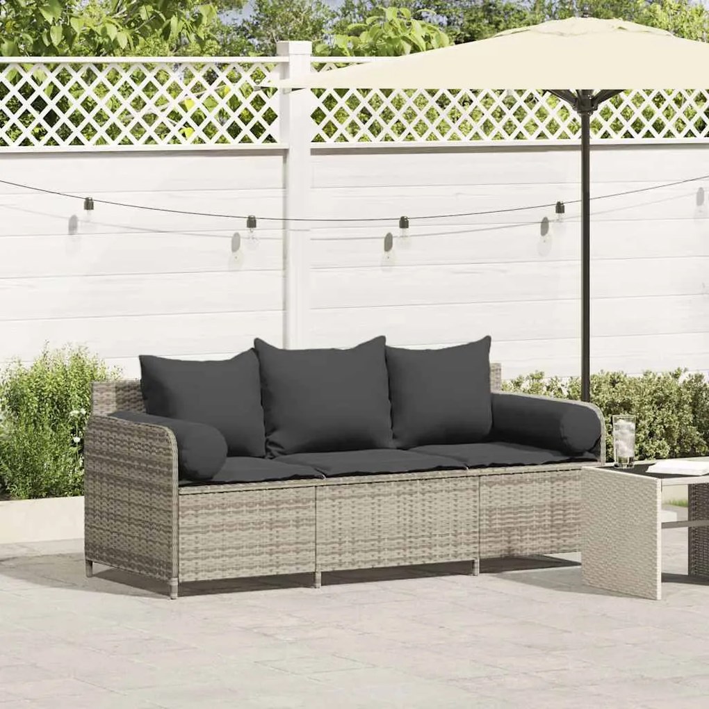 3 személyes világosszürke polyrattan kerti kanapé párnával