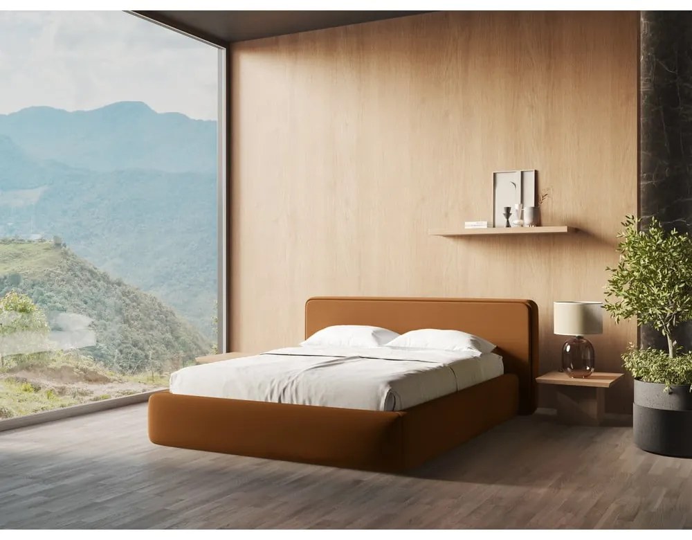 Terrakotta színű kárpitozott ágyneműtartós franciaágy ágyráccsal 140x200 cm Kiana – Makamii