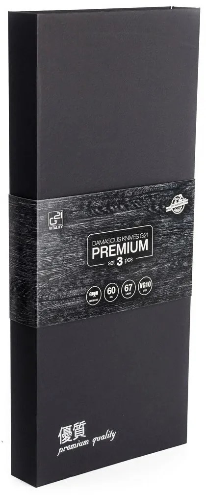 G21 Damascus Premium késkészlet bambusz blokkban, doboz, 3 db + köszörűkő