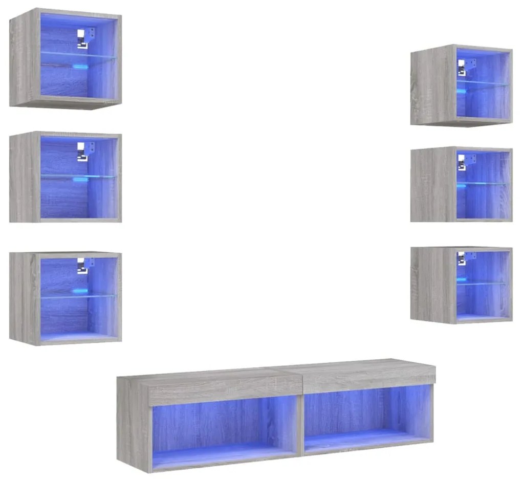 8 darab szürke sonoma színű szerelt fa fali TV-bútor LED-del