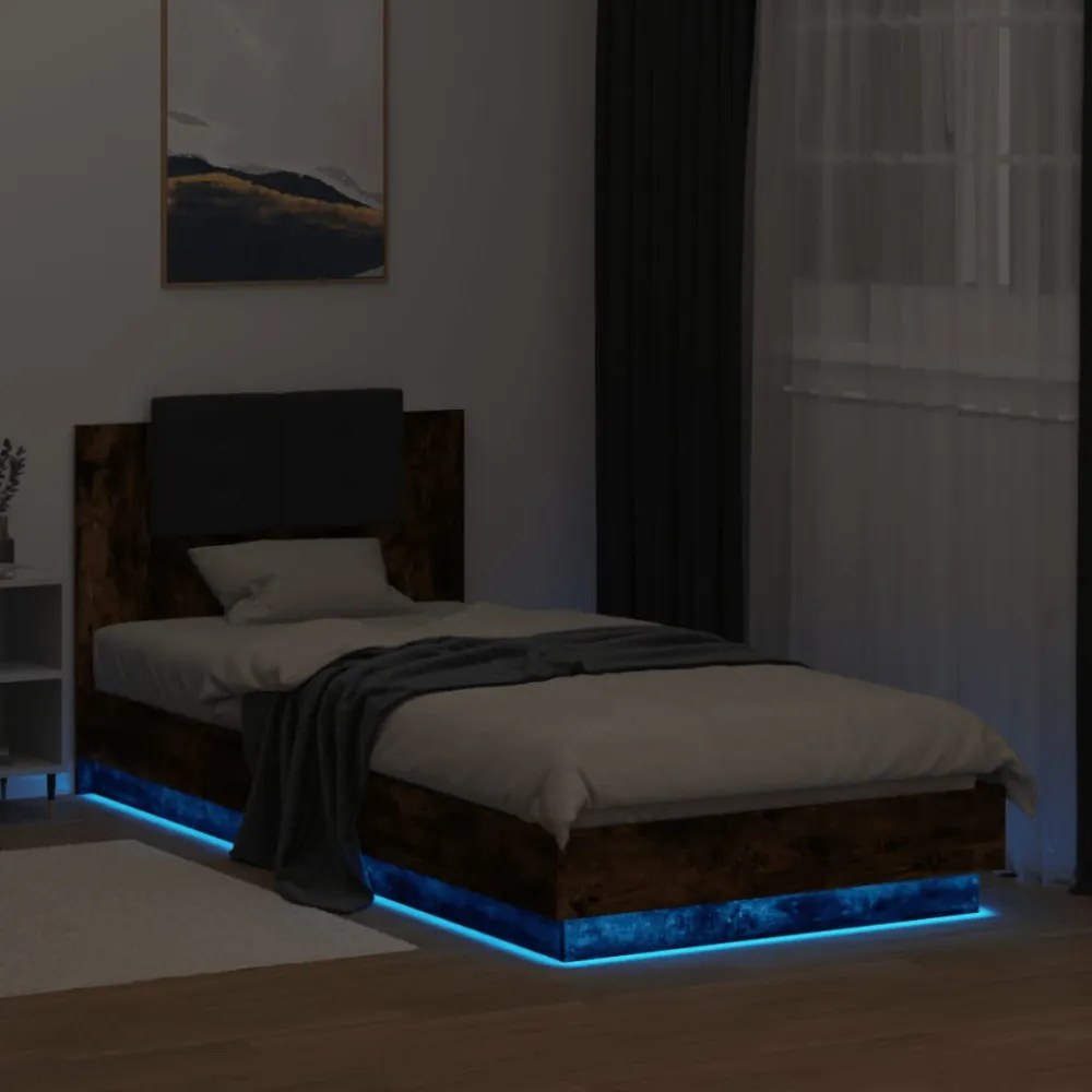 füstös tölgy színű ágykeret fejtámlával és LED-ekkel 90x200 cm