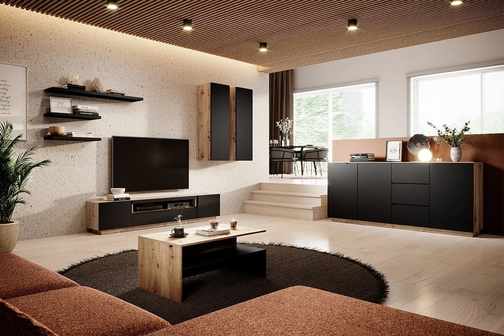 Loftia TV-szekrény 200 cm kétajtós nyitott résszel - artisan / fekete matt