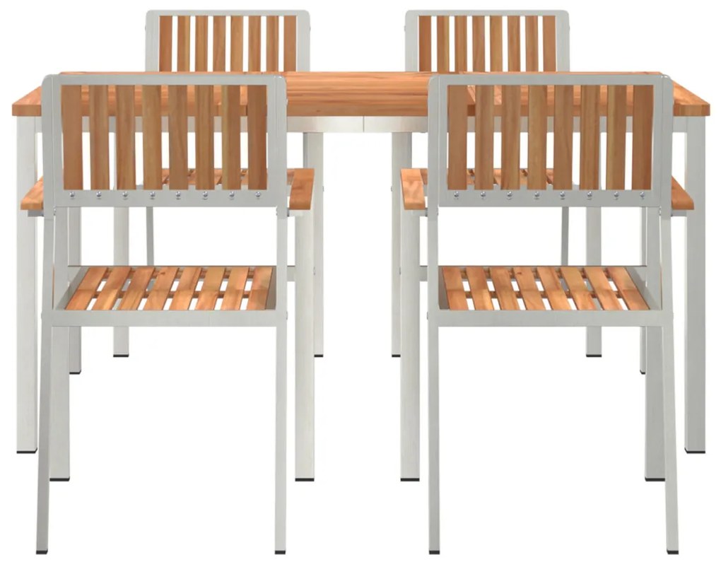 5 Részes Kerti Étkezőszett Tömör Fa Tikfa, Kültéri Étkezőasztal 150x90x75 cm Tömör Fa Tikfa, Rakásolható Kerti Székek 4 db Tömör Fa Tikfa és Fém